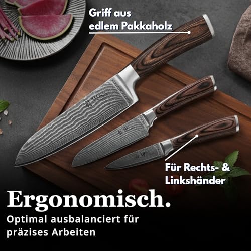 Wakoli EDIB 3-teiliges Küchenmesser Set aus echtem Damaststahl (VG10 Kern) in Geschenkbox aus Holz...