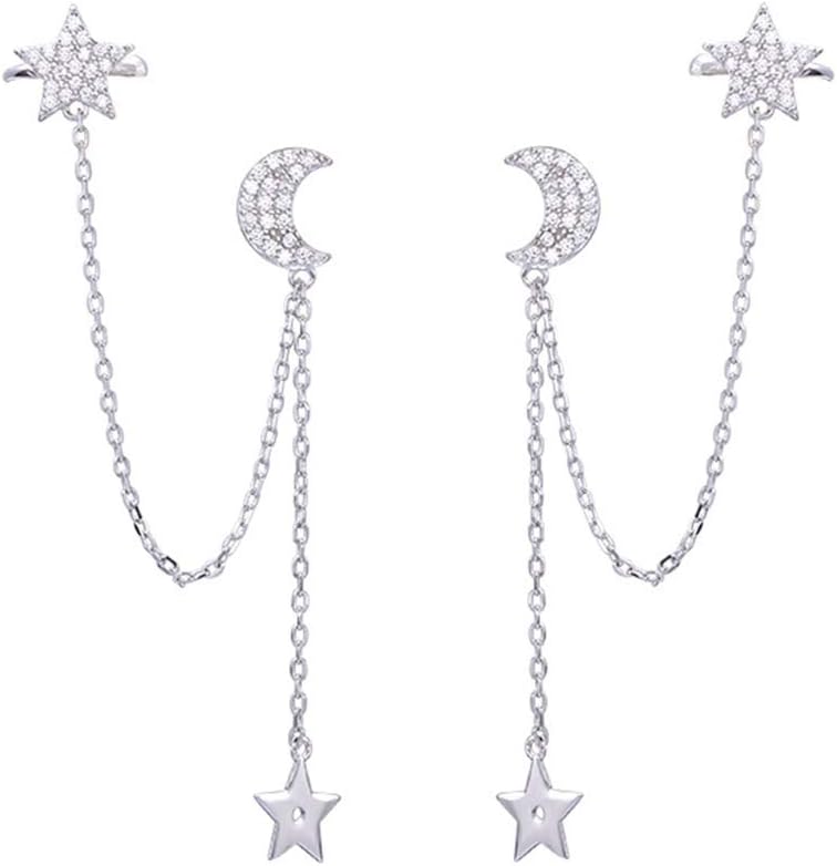 SLUYNZ 925 Sterling Silver Cuff Earrings Chain for Women Asymmetric Star Moon Earrings Crawler Dangling Chain