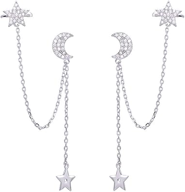 SLUYNZ 925 Sterling Silver Cuff Earrings Chain for Women Asymmetric Star Moon Earrings Crawler Dangling Chain