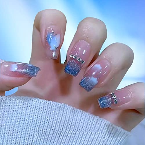 WOOXDYUK 24 unidades de uñas cortas, con purpurina azul gradiente para manicura francesa, uñas nude para pegar con pegamento de uñas, uñas postizas brillantes francesas cortas para mujeres y niñas Cover