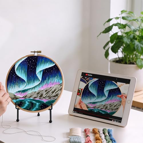 Image of Aurora Borealis Embroidery Starter Kits for Beginners Adults, Stamped Cross Stitch Kit for Adult Beginner, Hand Embroidery Needlepoint Kit, 2 Set Embroidery Supplies, 2 Hoops (Attached Video Tutorial)