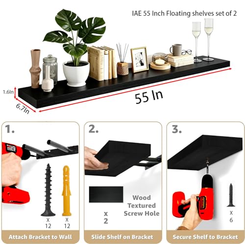 Image of IAE Floating Wall Shelves 55 inch,Bathroom Shelving Wall Mounted,Invisible Shelving Floating Kitchen Shelves,Wooden wall Shelf with Brackets for Living Room wall Mounted,Easy Install,Set of 2,Black