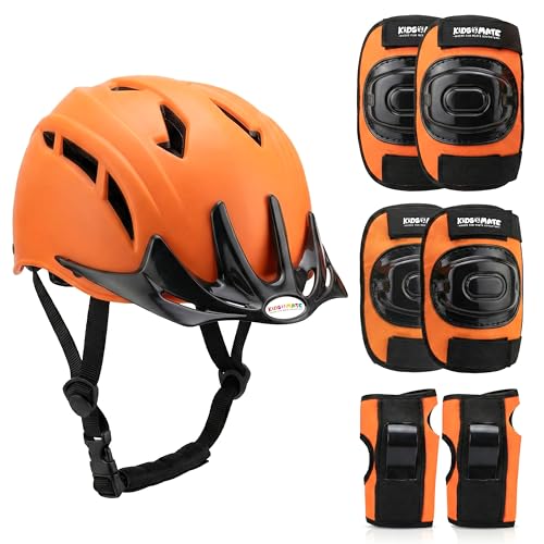 Image of Kidsmate Sports Protective Gear Set for Boys & Girls | Kids Safety Guard Contains Helmet, Knee Pads, Elbow Pads & Wrist Guards | Ages 3-14 Years, Ideal for Cycling, Skateboarding & Scooters (Orange)