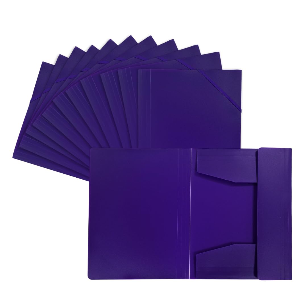 Pack of 12 A4 Purple 3 Flap Folders with Elasticated Closure by Janrax