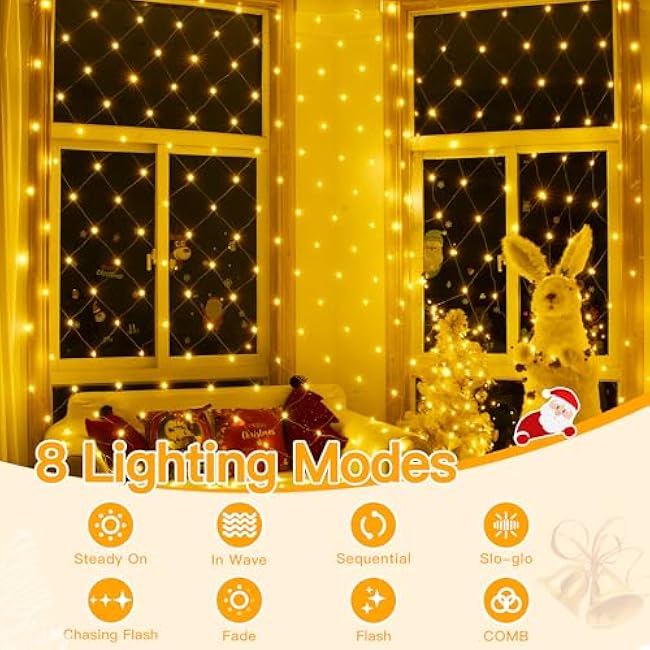 Ollny Net Lights Outdoor Mesh Light 10x7ft, 210LED Connectable Christmas Net Lights with 8 Modes, IP67 Waterproof Bush Light for Tree Wall Ceiling Outside Decorations, Warm White