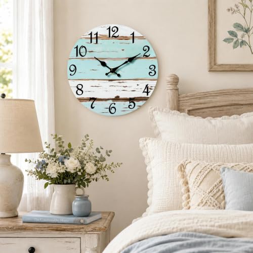 Image of CHYLIN Wall Clock Silent Non-Ticking Battery Operated Blue White Coastal