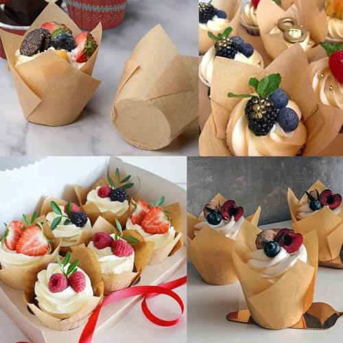 Image of 150 Pieces Tulip Cupcake Muffin Liners Paper Baking Cups Greaseproof Cupcake Wrappers for Birthday Wedding Party Baby Showers Catering Restaurants(Light Coffee)