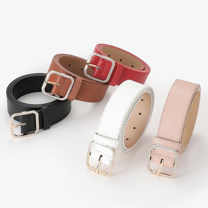 Women's PU Leather Belt with Square Crystal Diamond Buckle3