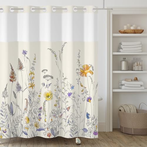 Yanutan No Hook Shower Curtain,Minimalist Floral Double-Layered Shower Curtain with