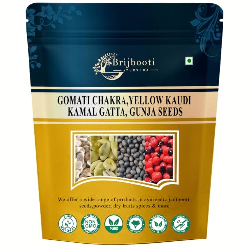Image of BrijBooti Combo Pack of Gomti Chakra - Pili Kaudi - Kamal Gatta - Gunja Seeds 11 Pieces Each for Lakshmi Pooja, Wealth & Luck