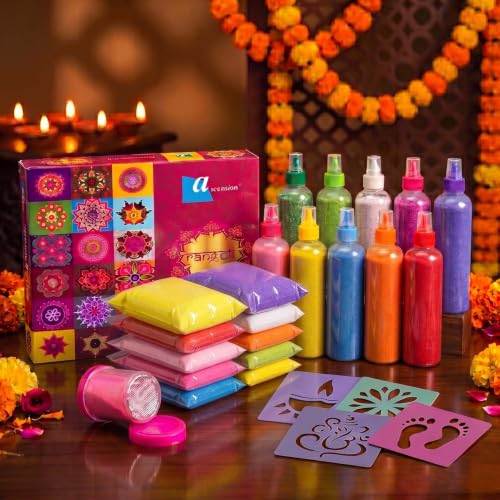 Ascension 25 Pcs Rangoli Kit | 10 Rangoli Colors Bottles 4 Stenci...