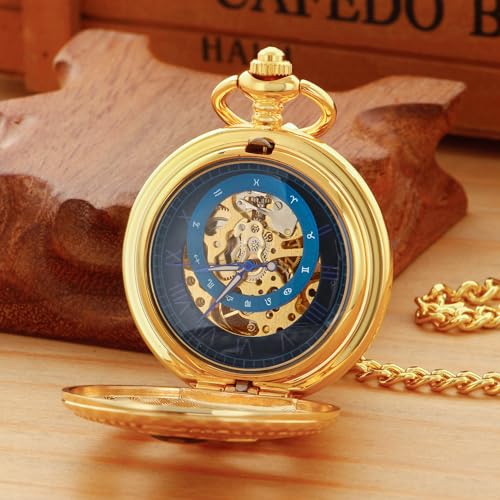 Image of Black and Silver Roman Numeral Dial Mens Mechanical Moon Phase Design, Moon Sun Pattern Skeleton Mechanical Pocket Watches for Men with Case and Chain - Black