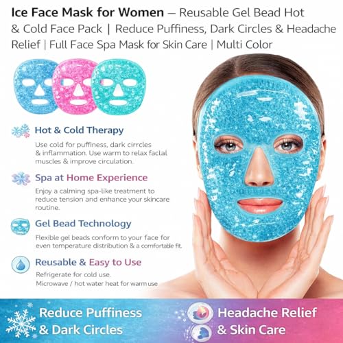 Image of Reusable Ice Gel Face Mask - Hot & Cold Therapy Full Face Pack for Puffy Eyes, Dark Circles, Headache Relief & Skin Care, Cooling Gel Facial Mask for Men & Women, Reusable Flexible Gel Ice Pack