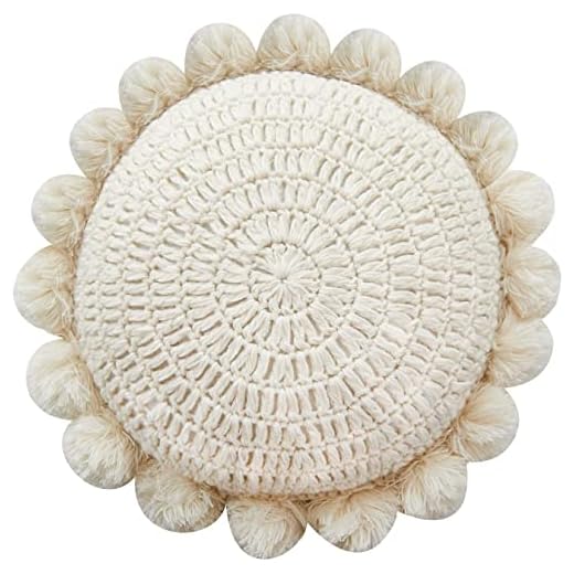 Boho Round Throw Pillow with Cute Handmade Pom Poms Tassels 18 Inch, Decorative Circular Knitted Crochet Cushion for Couch, Sofa, Chair, Bed, Beige