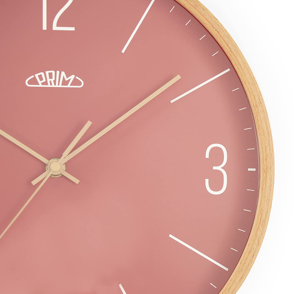 PRIM Wooden Wall Clock in Beautiful Colours, Light Wood and Red, Quartz Movement Sweep, Glass, Wood, Diameter 305 x 40 mm - Image 3