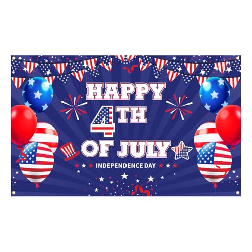 Image of Happy 4TH of July Backdrop, Independence Day Party Banner, Fourth of July Memorial Day Decoration, Veterans Day Party Decor, with 32FT Rope, Red Blue White Props for Photos 5.9x3.6ft Large Flag