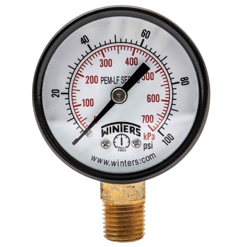 Winters PEM202LF PEM-LF Series Pressure Gauge, 2" Dial size, 1/4" NPT, 0/100 psi/kpa, ±3-2-3% accuracy
