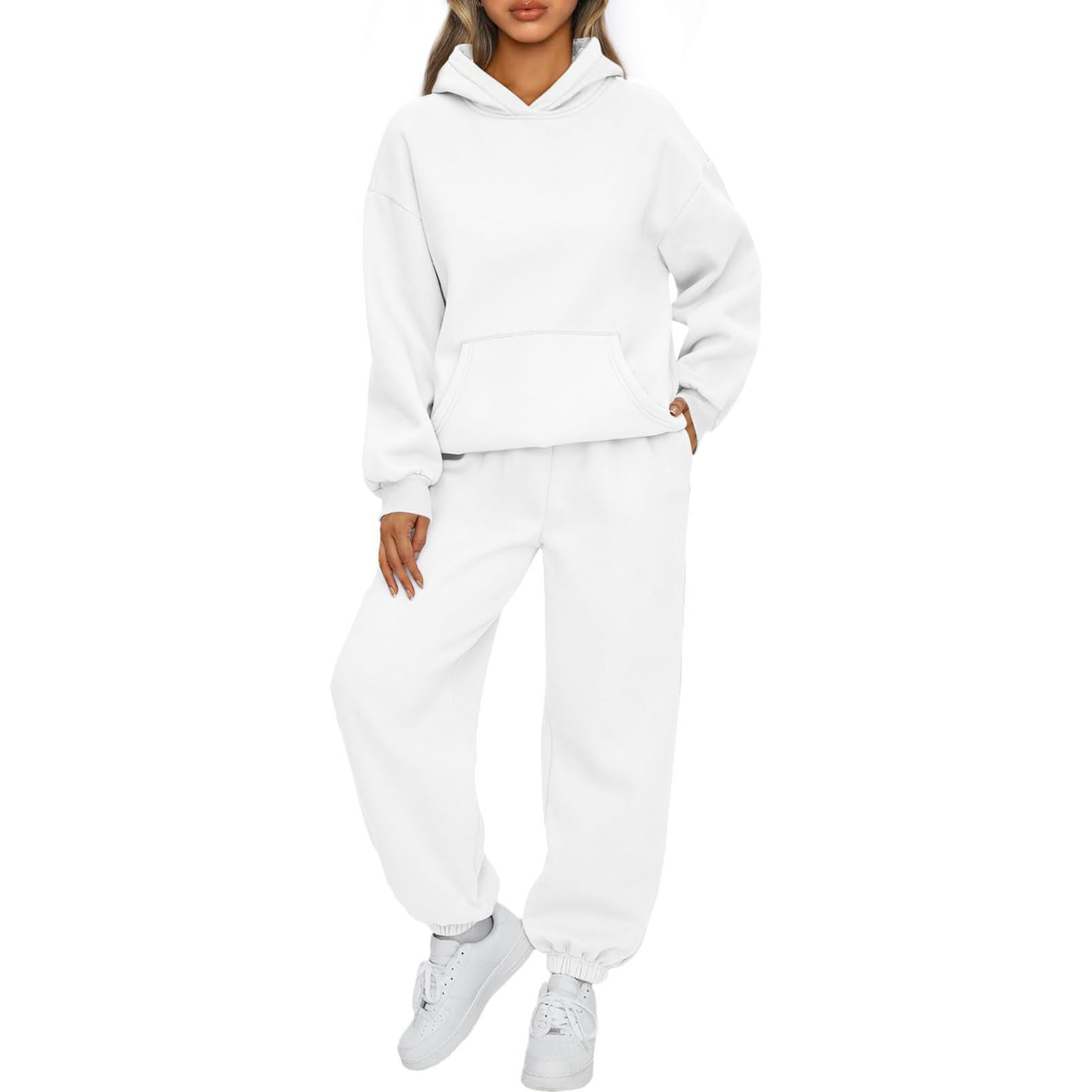 Womens Casual Two-Piece Sweatshirt Set - Long Sleeve Hooded Lounge Wear Soft Fabric Top and Pants Outfit Ideal