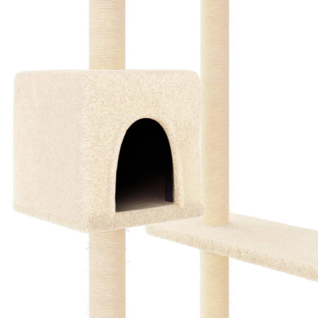 Kratzbaum 82 cm hoch Katzenbaummit 2 Katzenhäusern Creme | Mehrstufiger Spielturm aus Holzwerkstofffür das Wohnzimmer mit Sisal-Kratzsäulen und Liegemulden.