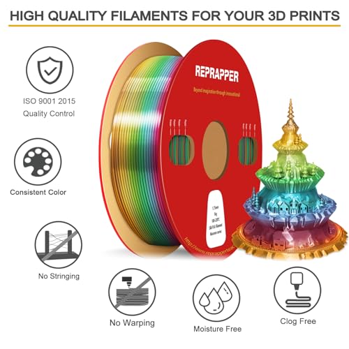 Image of RepRapper Macaron Rainbow PLA Filament, Shiny Multicolor Silk PLA 1.75 mm Filament (+-0.03 mm), Sparkle Fast Change Multi-color1 kg 3D Printer Filament for 3D Printer
