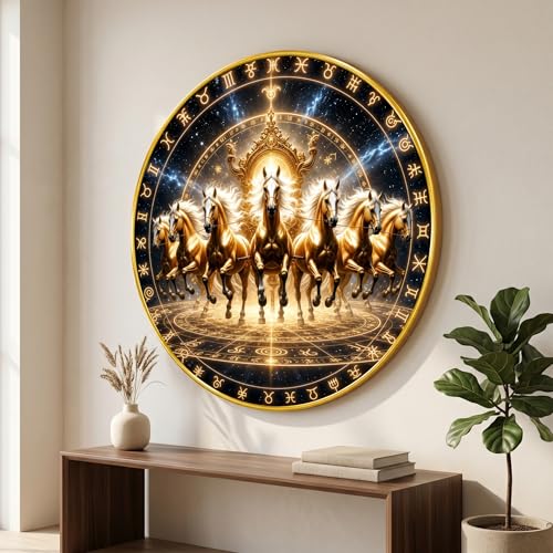 Image of SAF Om Golden Horse Vastu Round Wall Painting with Premium PVC Golden Frame, Zodiac Chakra Spiritual Art for Living Room Office Home Decor Gift (23 x 23 Inch) GR-444