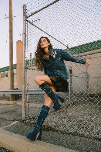 richealnini Platform Heel Knee High Boots for Women Side Zip Up Block Heels Denim Boots3