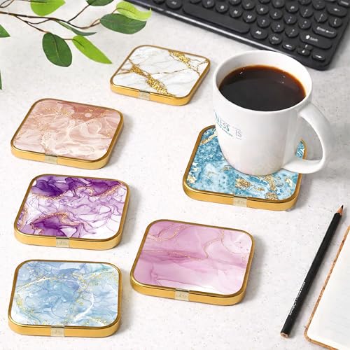 Image of Goelite Stylist Modern Wooden Coasters with Golden Border, Set of 6 with Stand, Handmade for Tea Cups, Coffee Mugs, Beer Mugs, 10 x 10 cm (Shells Pattern)