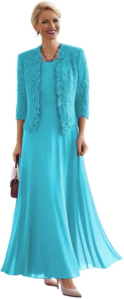 2 Pieces Mother of The Bride Dresses for Women Laces Mother of The Groom Dress 3/4 Sleeve Chiffon Formal Evening Dresses