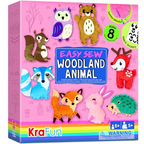 KraFun Kit de Costura Animales del Bosque para Niños 5+ Años, 8 Proyectos Fai da Te (Oso, Conejo, Zorro, Búho, Ciervo), Fieltro, Instrucciones, Juguete Educativo