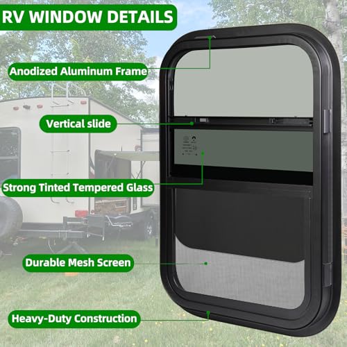 Image of 18 inchW x 30 inchH RV Windows for Cargo Trailer Camper,Tinted Vertical Sliding | Cargo Utility Trailer Window Replacement w /Screen&Trim Ring,Fit 15 /16 inch or 1-3 /8 inch Thick Wall,Allow Error 1 /16,DOT Approved