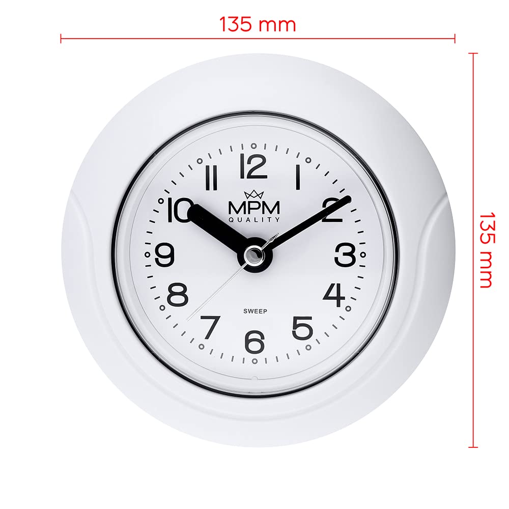 MPM Quality Design Badezimmer-Uhr aus Kunstoff, Quarz-Uhrwerk Sweep, 3-5 ATM Wasserdicht, Weiß, Ø 135 mm, geeignet auch für Außenbereich und als Badezimmeruhr, Pooluhr, Küchenuhr