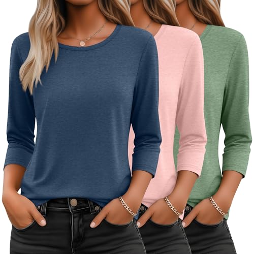 Ficerd 3er-Pack 3/4-Ärmel-Tops für Damen Rundhalsausschnitt Elegante Basic-T-Shirts Lässig Trendig Lockere Passform(Nebelblau, Rosa, Hellgrün,S)