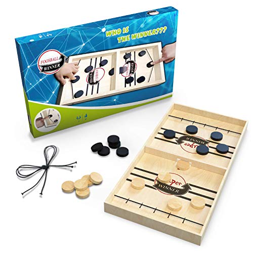 Large - Sling Puck Game for Adults and Kids  Classic Wooden Table Hockey with 20 Pucks and 2 Replacement Bands  Fun, Fast Paced, Tabletop Toy for Parent and Child Family Game Night Foosball Table