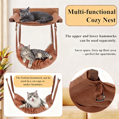 image for JSPYFITS Wooden Cat Wall Hammock, 18.9 x 12.6 Inch Double Layer Cat Fu