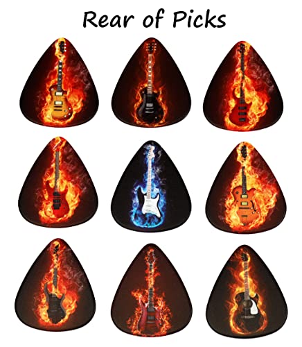 Tin of 9 Flaming Guitar Plectrums - Double sided - Harmony Picks, Black, 30.48 x 20.32 x 7.62 millimeters - Image 4