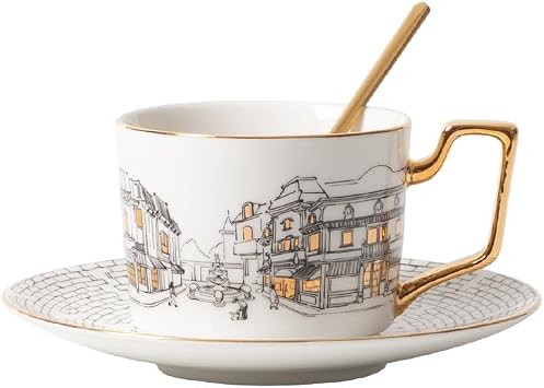 Coffee Mug Set with Saucer Vintage Street Patterned Coffee Tea Cup Set Ceramic Cup Milk Cup Breakfast Cup Office Cup Mothers Day Birthday 1set white1