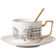 Coffee Mug Set with Saucer Vintage Street Patterned Coffee Tea Cup Set Ceramic Cup Milk Cup Breakfast Cup Office Cup Mothers' Day Birthday 1set white1