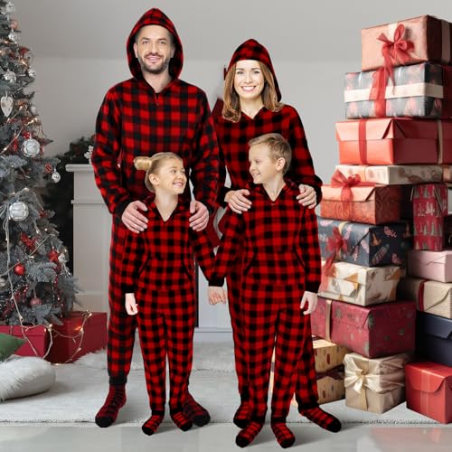 Christmas Matching Family Pajamas Sets Buffalo Plaid Couple Hoodie Zipper Jumpsuit with Pockets and Sock3