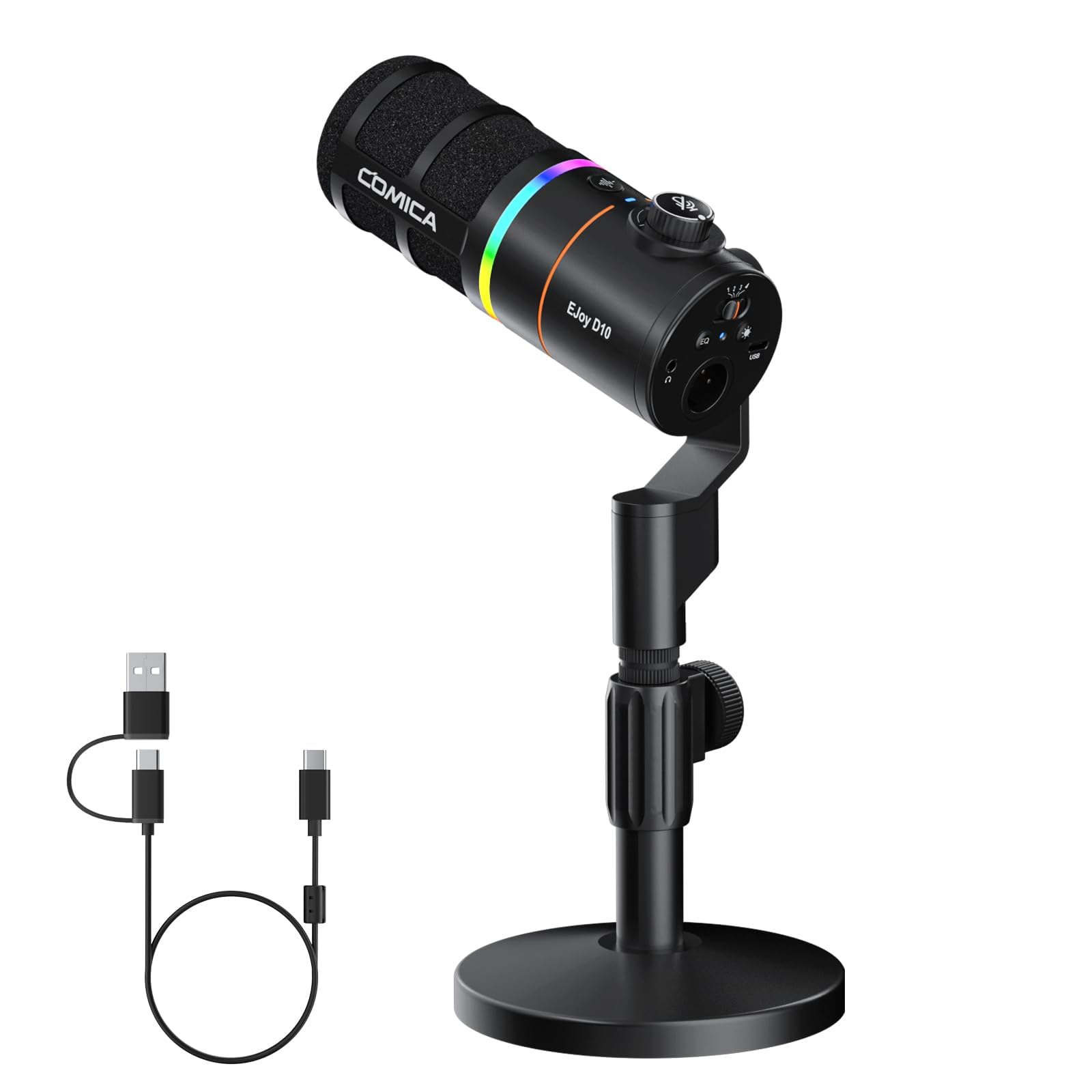 COMICA EJoy D10 XLR/USB-C Microfono dinamico per registrazione podcasting, microfono cablato live streaming con RGB dinamico, mute, riduzione del rumore, guadagno, per giochi, live streaming, YouTube