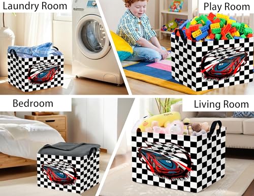 Image of Large Boys Checkered Basket Canvas Kids Toy Storage Bin Nursery Baby Organizing Decor (Check Racing Car)