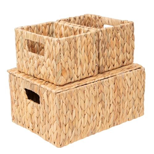 Handmade Natural Water Hyacinth Storage Baskets with Handles Set of 3, Woven Rustic Farmhouse Style for Shelf Home Organization