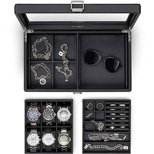 Vlando Uhrenbox Uhrenkasten mit Glasdecekel, Watch Box für Herren, Uhrenaufbewahrung Schmuckaufbewahrung, Multifunktionale Uhrenvitrine mit 6 Uhrenki