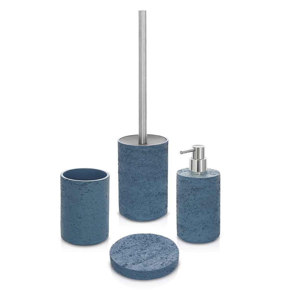 Inbagno Set Bagno Accessori Completo – 4 Pezzi, Kit Accessori appoggio Effetto Pietra Turchese Cobalto, Include Dispenser, portaspazzolini, portasapone e scopino WC, (Set Completo)