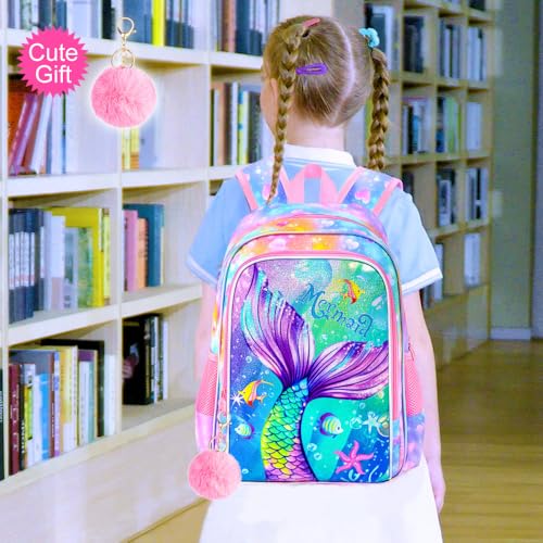 Image of 16 inch Mermaid Backpack for Girls, 3Pcs Kids Fish Tail Backpacks with Lunch Box, School Bookbag for Elementary Preschool Kindergarten(Pink)