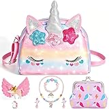 Hapikids Einhorn Geschenke für Mädchen, Geschenk Mädchen 2 3 4 5 6 Jahre Geburtstagsgeschenk für Mädchen Spielzeug 2-6 Jahre Einhorn Kinderschmuck Handtasche Halskette Armband Ring Ohrring Schmuckset