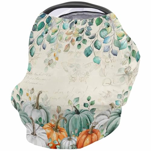 Nursing Cover for Breastfeeding Scarf, Green Leaves White Pumpkins Retro Letter Baby Car Covers Super Soft Multi Use for Canopy Shopping Cart Cover Blanket Stroller Cover