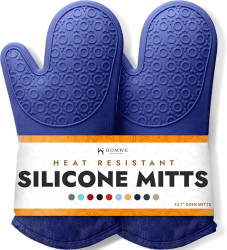 Image of BPA-Free Soft Silicone Oven Mitts - Ultra Heat Resistant Oven Mitts with Thick Cotton Liner - Long Slip Resistant Pot Holders, Flexible Oven Gloves - Royal Blue 13.7 inch