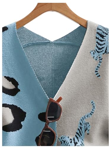 Image of WDIRARA Women's Leopard Tiger Print Cardigan V Neck Long Sleeve Color Block Button Down Sweater Outwear