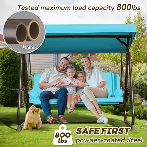 Image of 3 in 1 Outdoor Porch Swing with Adjustable Canopy, 3 Seat Outdoor Swing for Adults, Patio Swing Chair with Thickened Cushions,Pillows & Cup Holders for Backyard, Porch, Garden (Lake Blue)