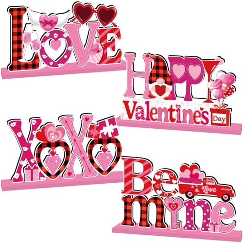 4Pcs Valentines Day Decorations Wooden Table Centerpieces Happy Valentines Day Table Decorations Pink Romantic Love Valentine's Day Tiered Tray Decor for Wedding Anniversary Party